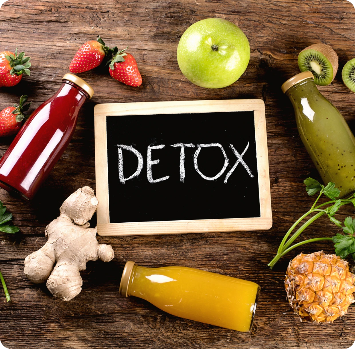 Detox juices with fresh fruits and ginger